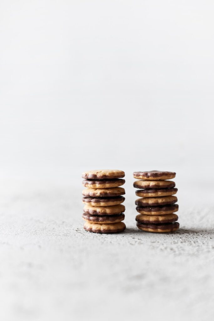 Stacks of delicious chocolate cookies.